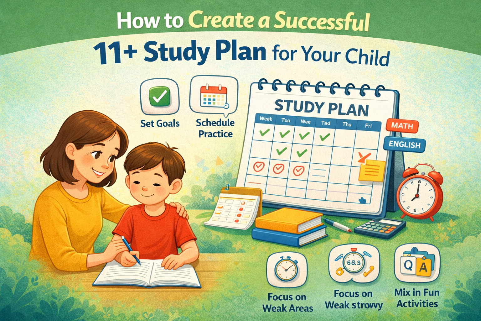 Parent planning 11+ study schedule with child at home