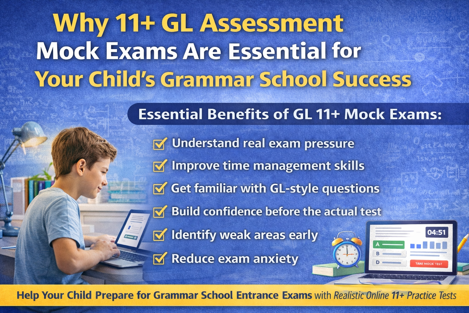 Student preparing for 11+ GL Assessment online mock exam for grammar school entrance