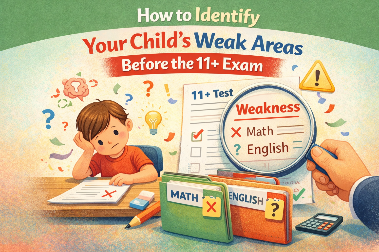Parent reviewing 11+ practice results with child to identify weak areas