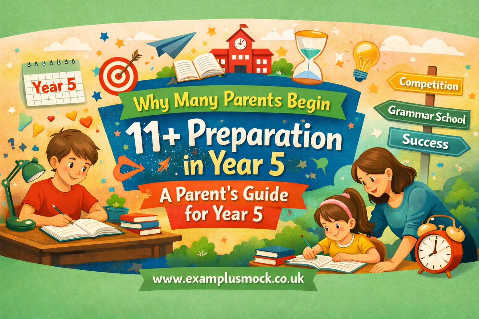 Parent helping Year 5 child with 11+ exam preparation at home