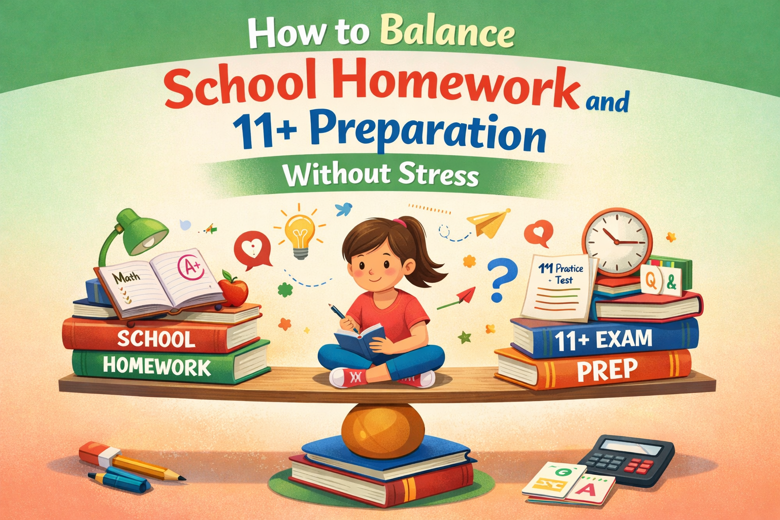 Parent helping child manage school homework and 11+ exam study schedule at home