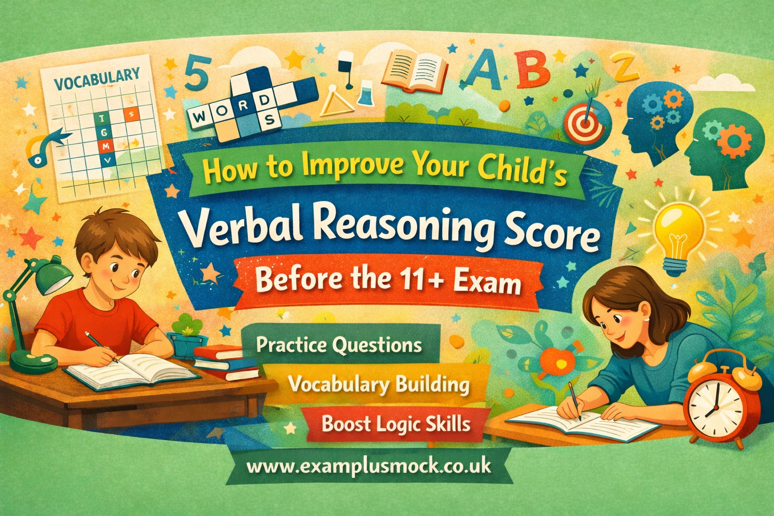 Parent helping child practise verbal reasoning questions for the 11+ exam