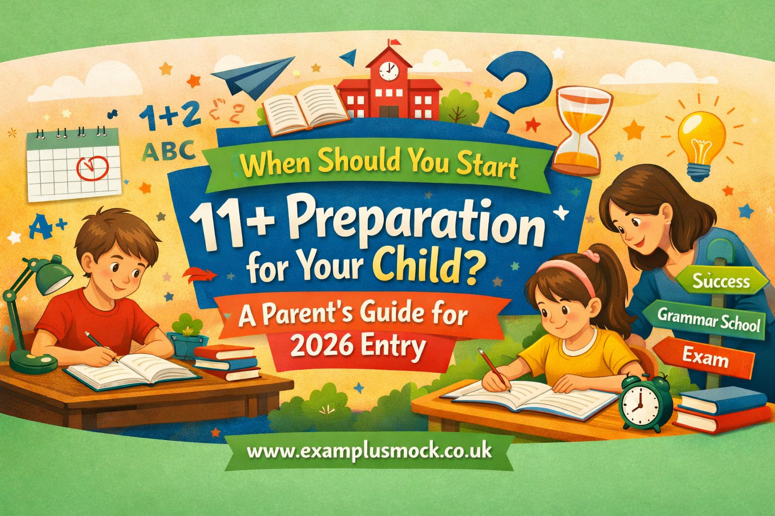 Parent helping child begin early 11 plus exam preparation at home