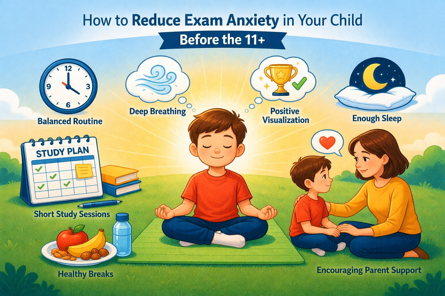 Parent supporting child to manage stress while preparing for 11+ exam